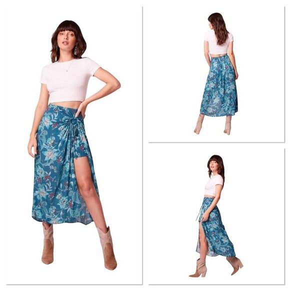 BOG Band of the Free Celene Deep Teal Floral Midi Skirt Medium Front‎ Slit Lined - Picture 1 of 11